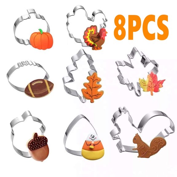 Fall Thanksgiving Cookie Cutters Set 8 Pieces - Pumpkin, Turkey, Maple Leaf, Oak Leaf, Squirrel, Candy Corn and Acorn- Stainless Steel