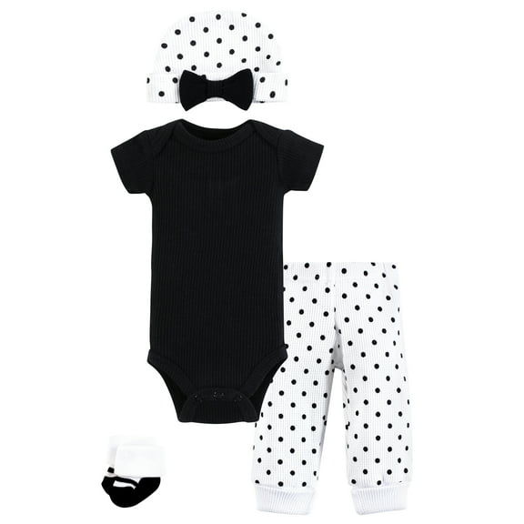Hudson Baby Girls Thermal Preemie Layette Set 4pc Short Sleeve Outfit, Black White Dots, Preemie