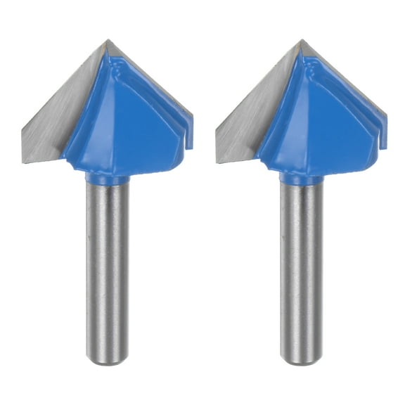 2pcs Router Bit 1/4" Shank 1" Dia 90 Degree V Type End Mill Carbide Edge Trimmer, Blue