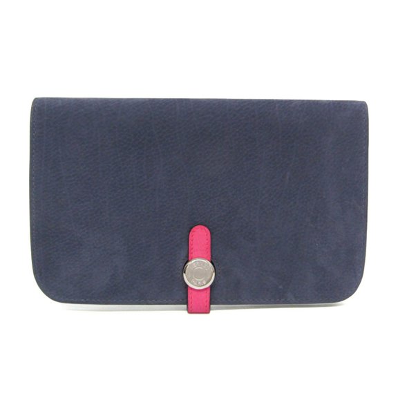 Pre-Owned Hermes Dogon GM Men,Women Leather Long Wallet (bi-fold) Navy,Pink (Good)