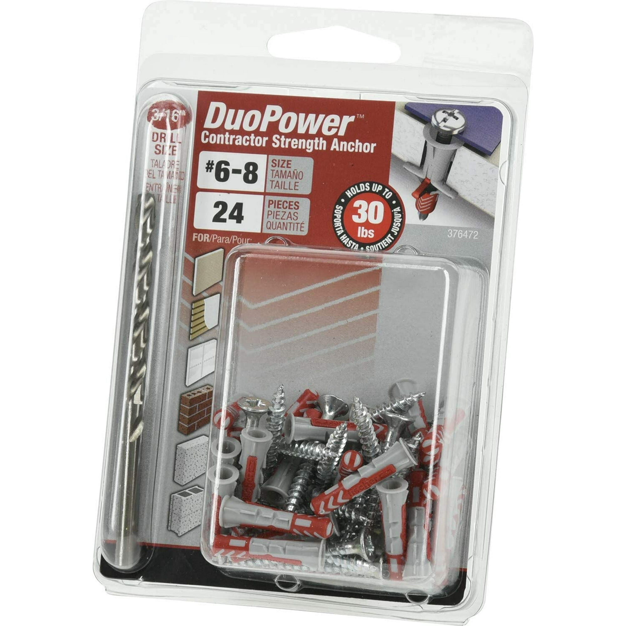 Hillman DuoPower Contractor-Strength Anchors – #8-10 X 1-3/16", XL-Pak With Pan-Head Screws For Drywall, Brick, Concrete