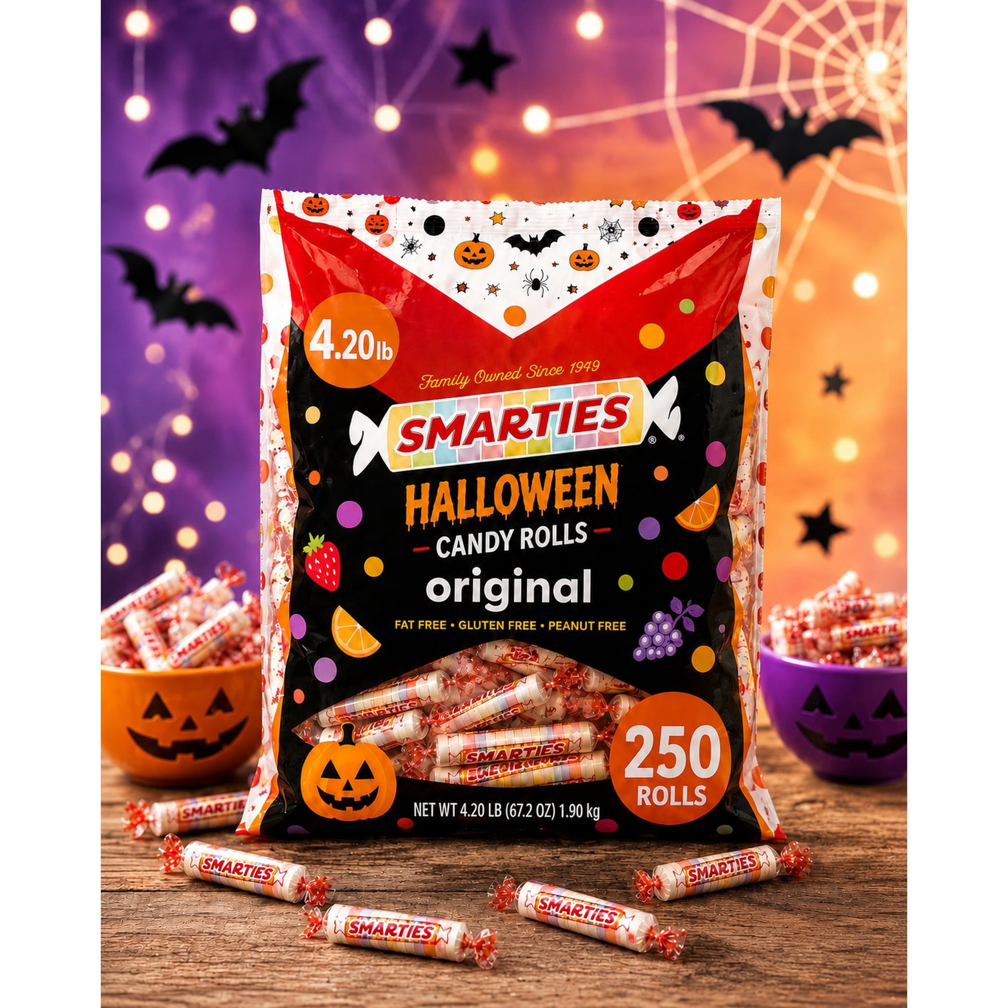 Smarties Original Candy Rolls Halloween Candy 250 Individually Wrapped Rolls 4.20 lb Bulk Bag Fat Free Gluten-Free Peanut Free
