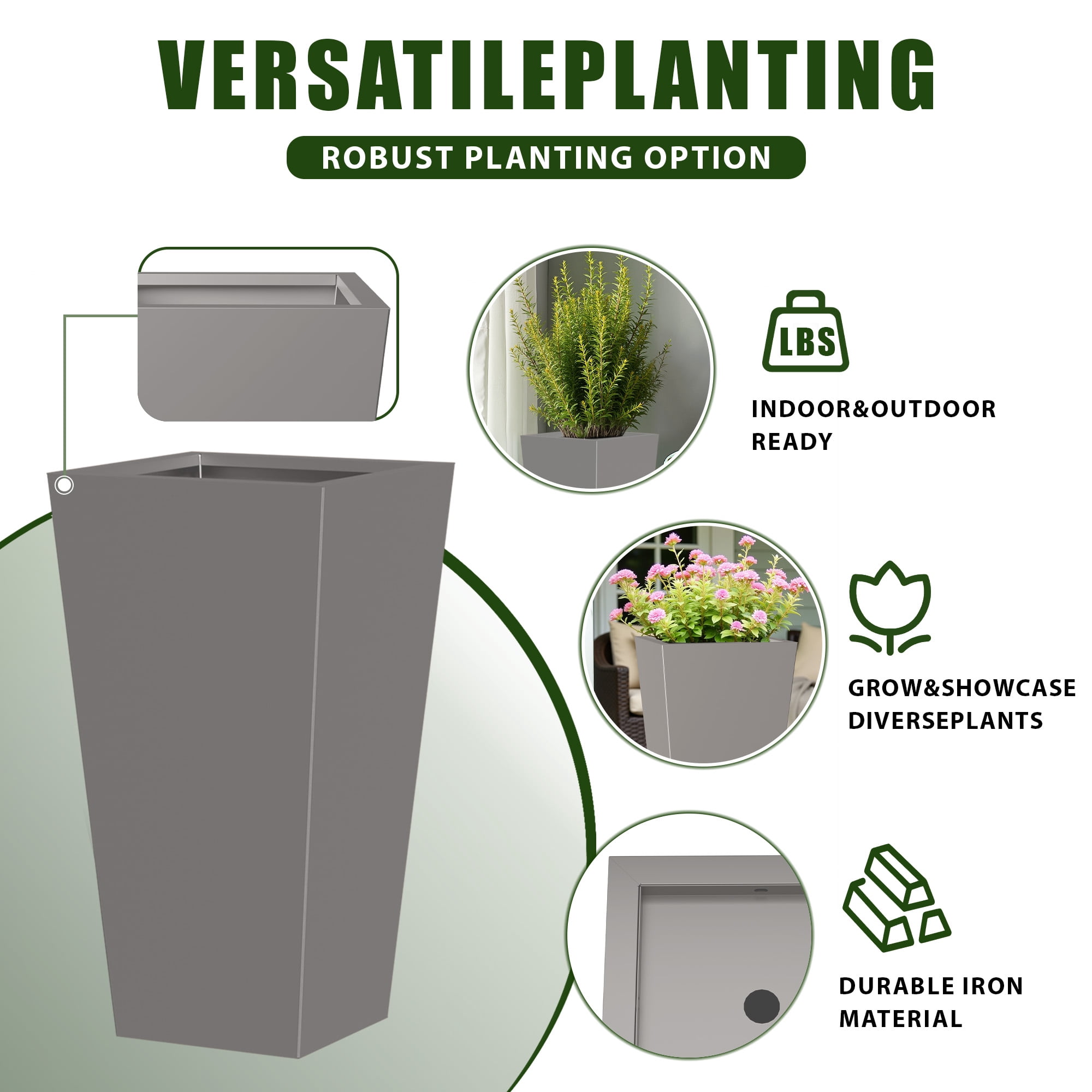MAYEERTY 28*15*15" Gray Modern Metal Cone Planter with Inner Shelf for Outdoor Gardening, Patio & Balcony