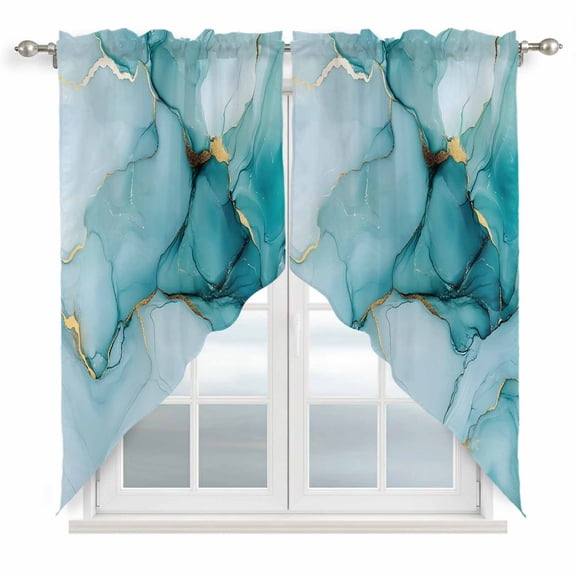 Marble Teal Kitchen Window Curtains, Swag Curtains Valance for Bedroom Living Room Bathroom, Golden Ink Painting Abstract Modern Rod Pocket Window Treatment Curtain Block Drapes 2 Panels 36"x36"