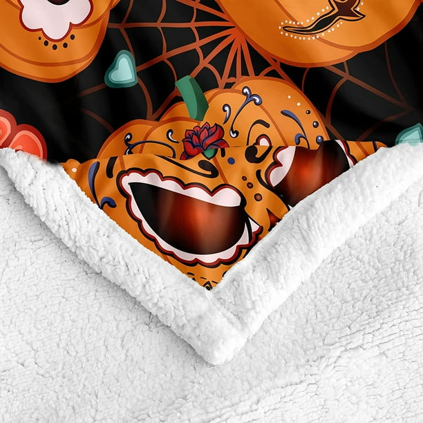 Sebneei Halloween Blanket Orange Pumpkin Throw Blanket Black Sherpa Fleece Blanket Cartoon Blanket For Bedroom Couch Sofa Halloween