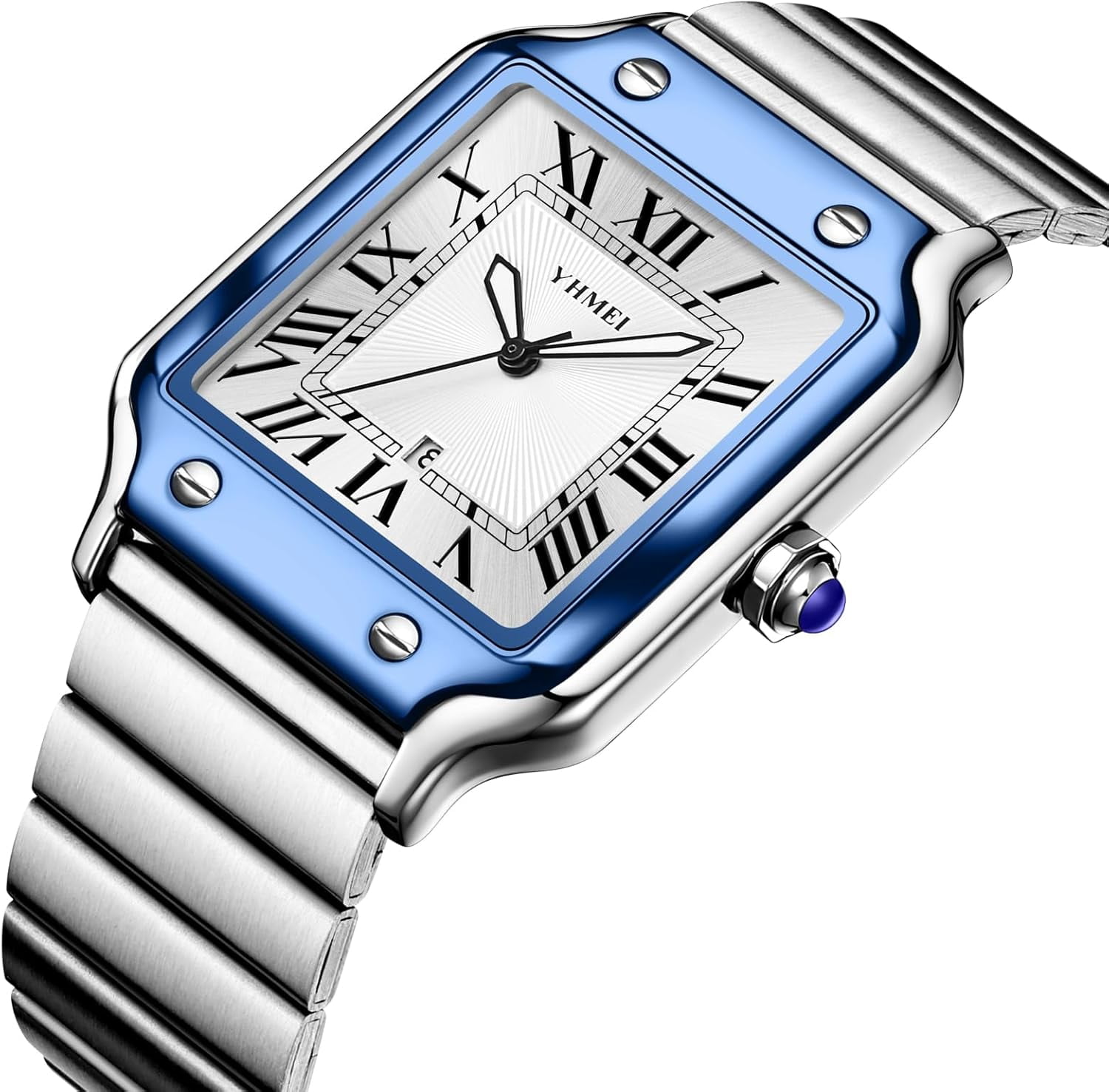 Unisex Classic Square Roman Numerals Silver Analog Waterproof Watches for Women Men Stainless Steel Strap Date Display Casual Wristwatch
