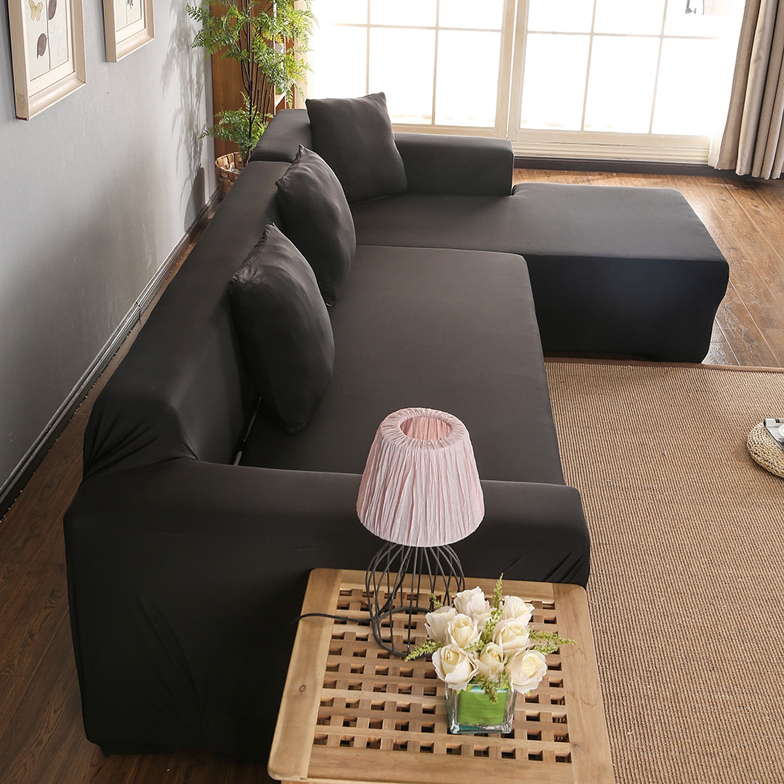 Fyydes 3+2 Seat Corner Sofa Cover L Shape Slipcover Protector for Living Room (Black)