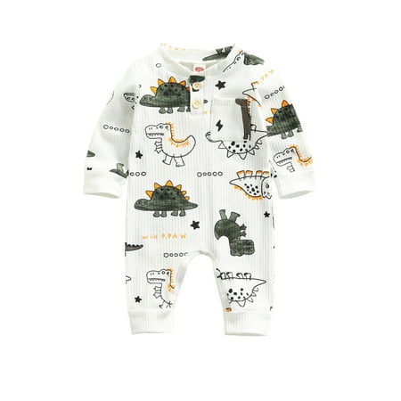 

Amuver Babies Casual Romper Dinosaur Printed Pattern Round Collar Long Sleeve Jumpsuit White/ Dark Green