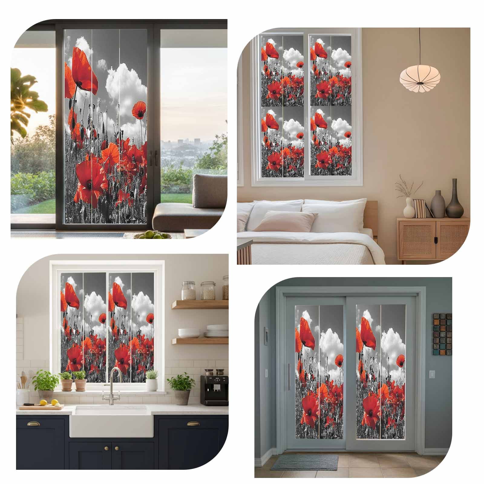 Red Flowers Window Privacy Film, Retro Black White Leaf Red Floral Frosted Glass Window Clings Static Cling UV Heat Blocking Reusable Door Sticker for Bathroom 23.6 x 59 Inch