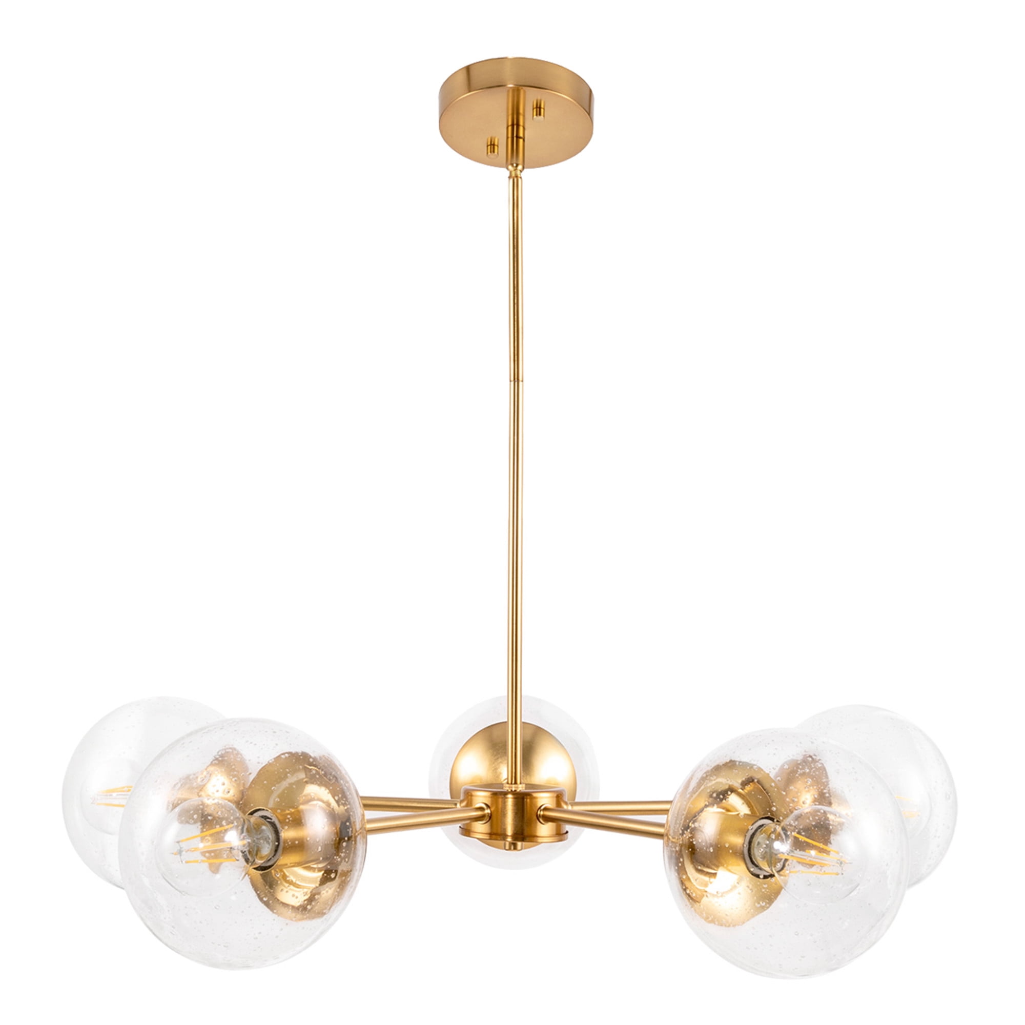 Satin Gold 5-Light Chandelier, Clear Seedy Glass Globe Shades, Dimmable, Sloped Ceiling Compatible