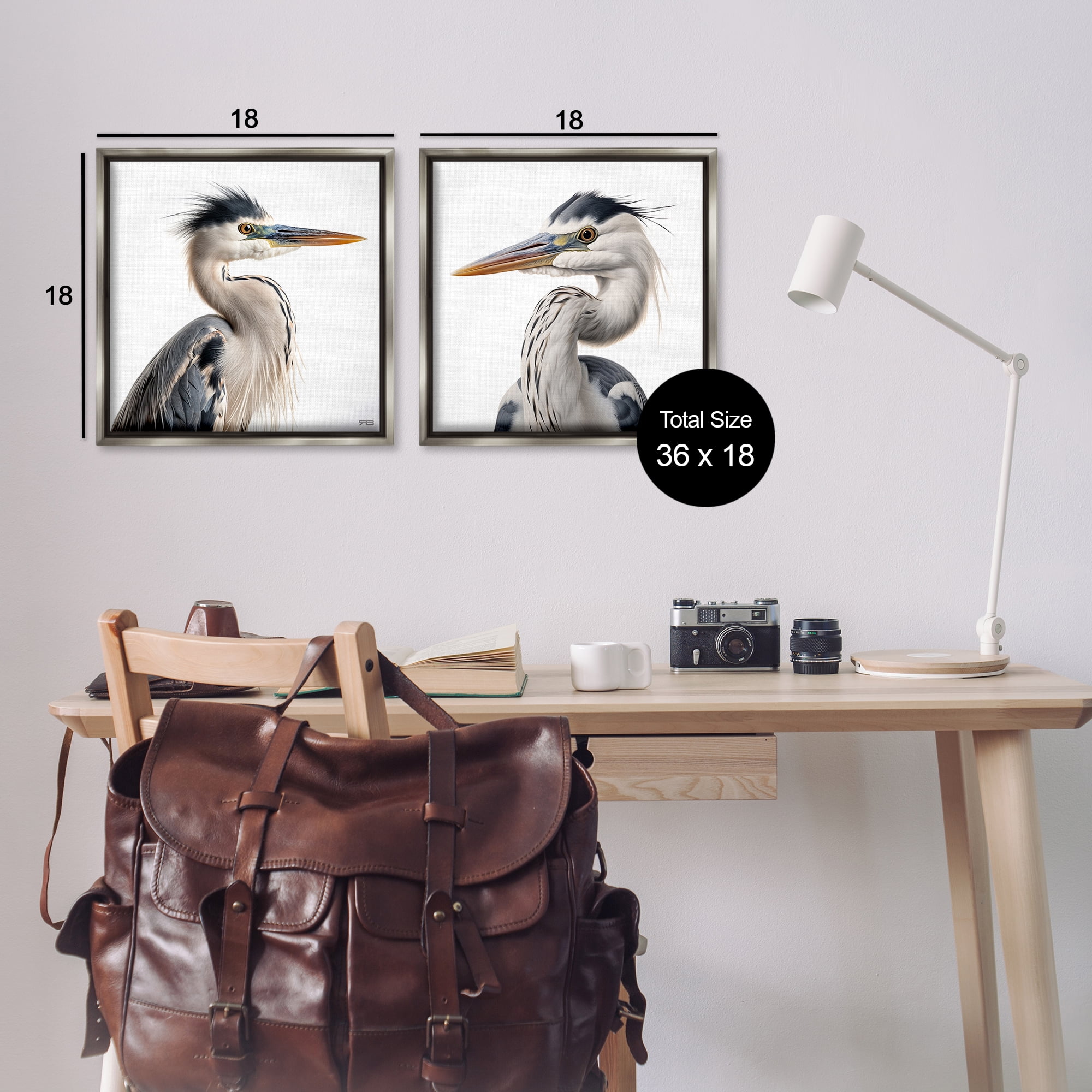 Stupell Industries Young Heron Birds Animals Painting Gray Floater Framed Canvas Art Print Wall Art, 18 x 18, Set of 2