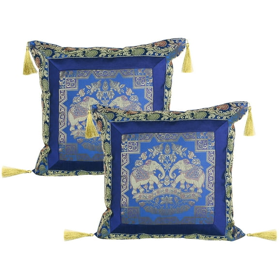 Stylo Culture Ethnic Brocade Living Room Throw Pillow Covers Dark Blue Gold 18 x 18 Jacquard Tassels Couch Cushion Covers 45x45 cm Polydupion Silk Zippered Elephant Square Pillowcases | Set Of 2