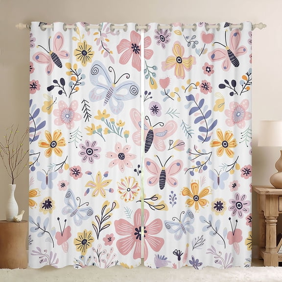 Homewish Boho Flower Butterfly Black Out Curtains,Rustic Floral Curtains Pack of 2 (42x63 Each),Pink White Blue Bedroom Curtains For Girls Teens,Ultra Soft Home Decor