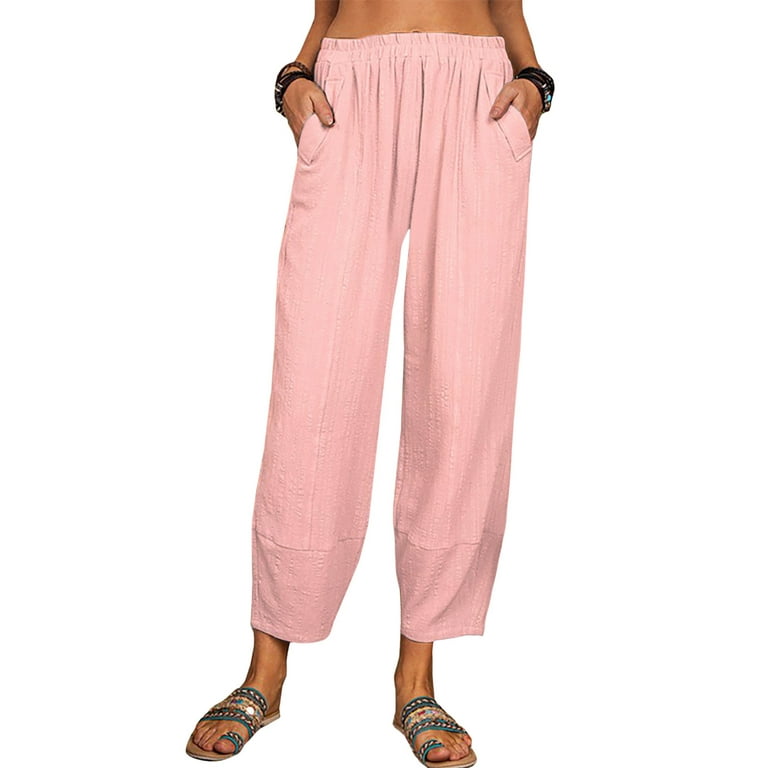 ylioge Ladies Cropped Lounge Pants Linen High Waist Relax Fit Daily Wear  Trousers Pockets Tapered Solid Color Summer Pants Pantalones