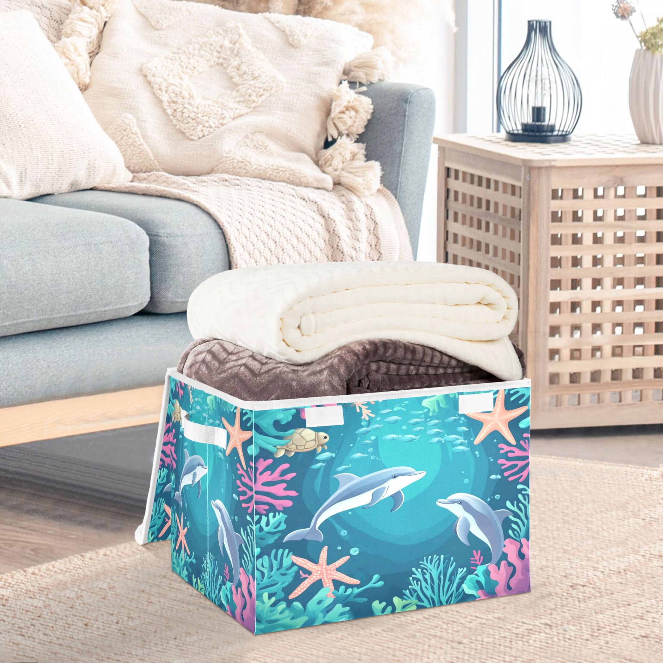 WOBOGO Dolphin Playful Picture Large Collapsible Storage Box Flip Lid Fabric Decorative Organizer Container Basket with Handles 16.5×12.6×11.8in