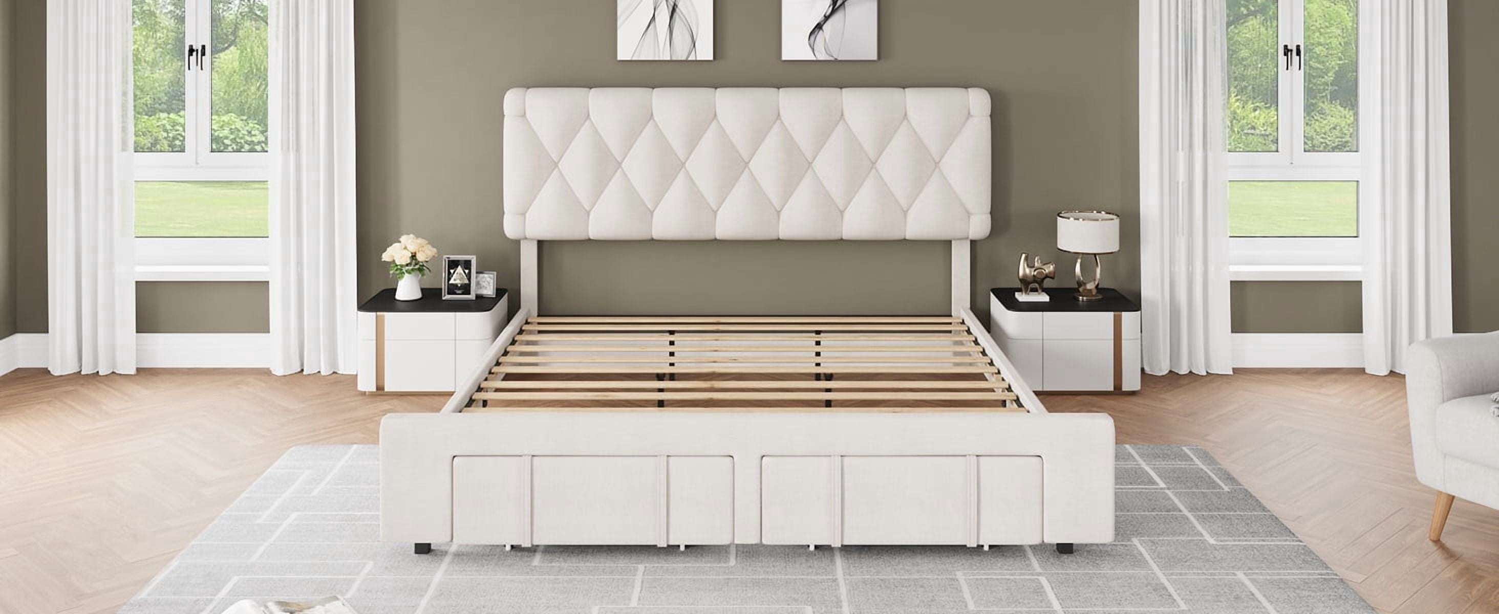 Towallmark King Size Bed Frame,with 2 Storage Drawers, Upholstered Platform Bed Frame No Box Spring Needed, Noise-Free, Easy Assembly