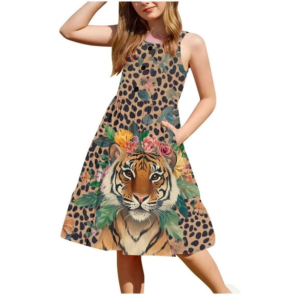 Ugoldhm Girls Flowy Dresses Sleeveless Button Boho Dress Pocket Tiered Sundress Summer Outfits Size 2-12