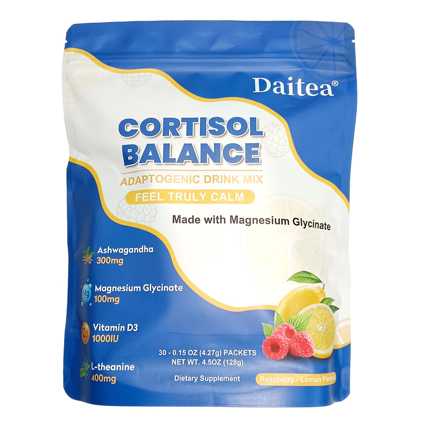 Daitea Cortisol Ashwagandha & Magnesium Drink Mix Powder Blend, for Relaxation and Focus,30 Packets