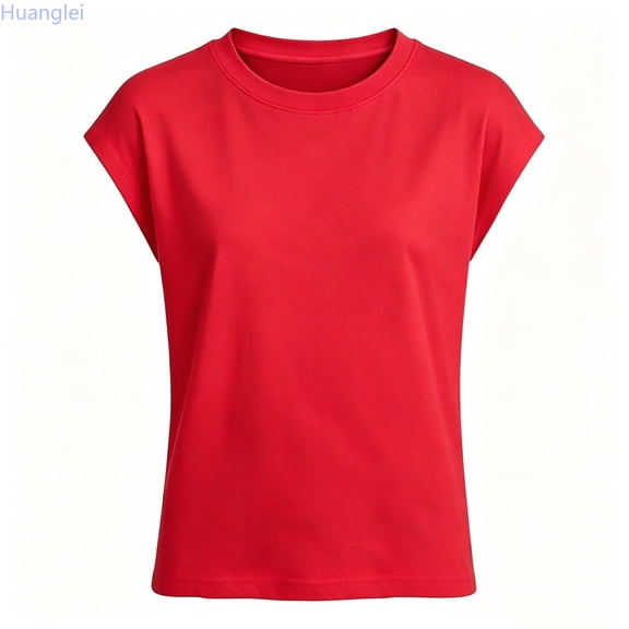 Huanglei Girls Red Cap Sleeve Crew Neck T Shirt Bright Solid Color Cotton Casual Tee (Red)