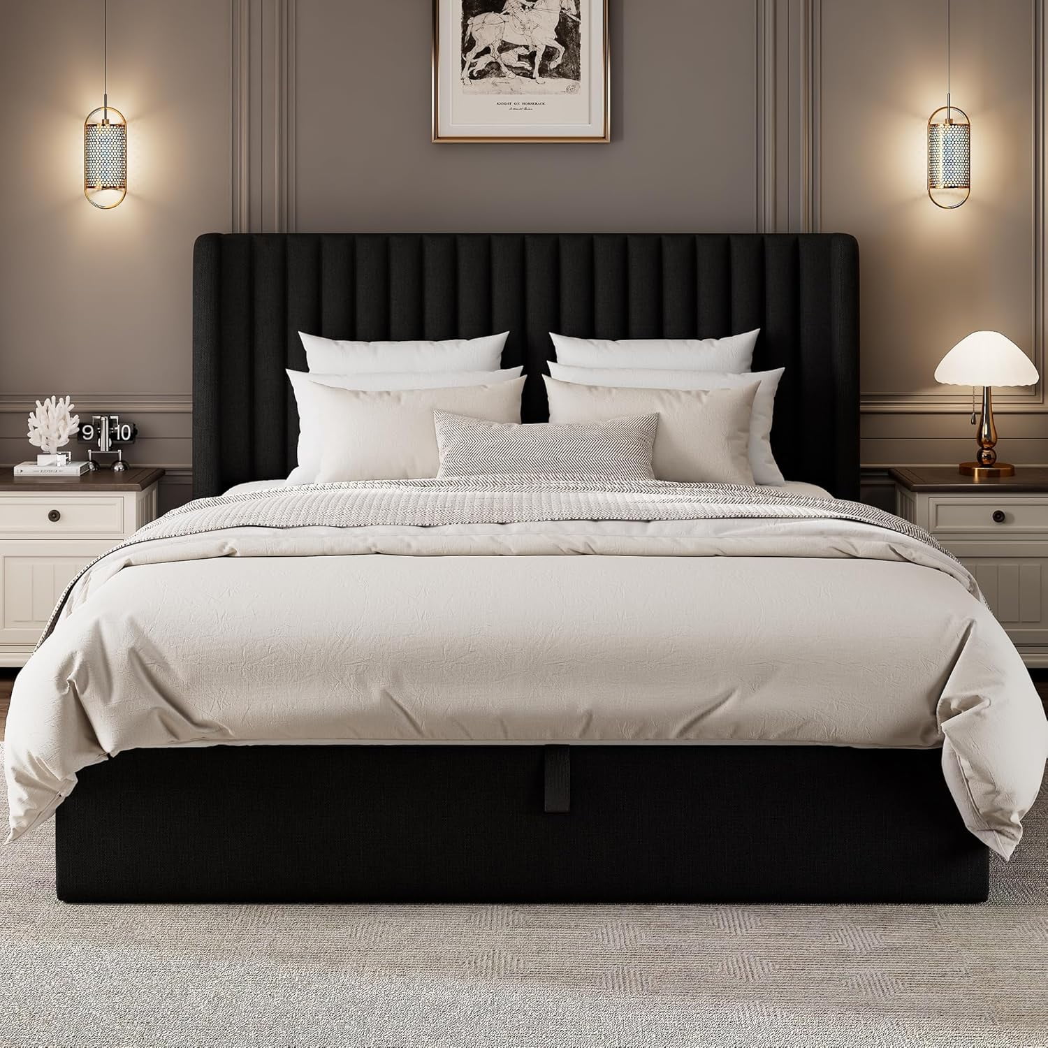 iPormis Full Size Bed Frame with Lift up Storage & Wingback Headboard, Upholstered Linen Bed Frame with Storage,Hydraulic Storage,Black