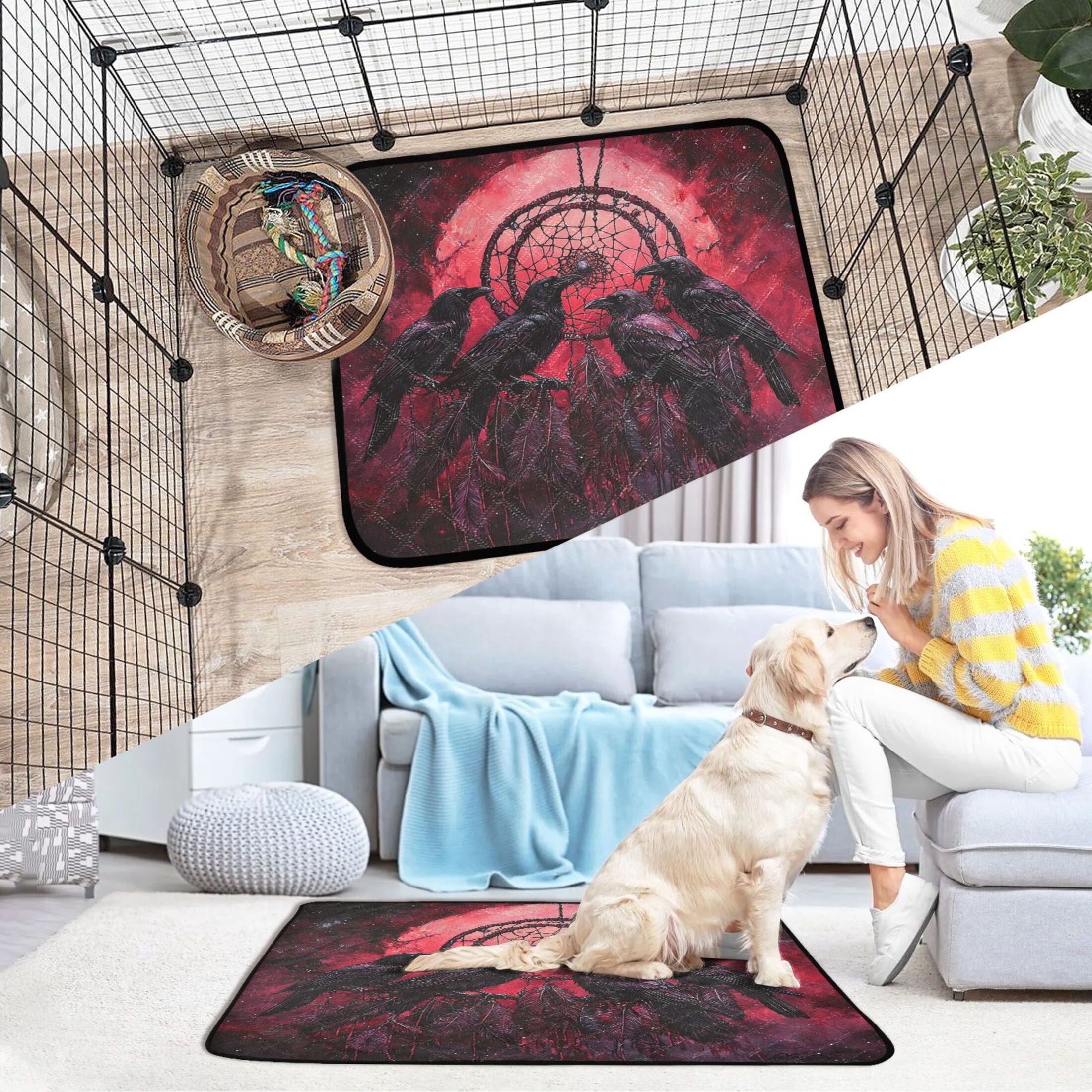 Qxltty Red Moon Crow Cat litter Pads Pet Set of 2 Diaper Mats Center Anti-leakage Layer Absorbent Soft and Comfortable