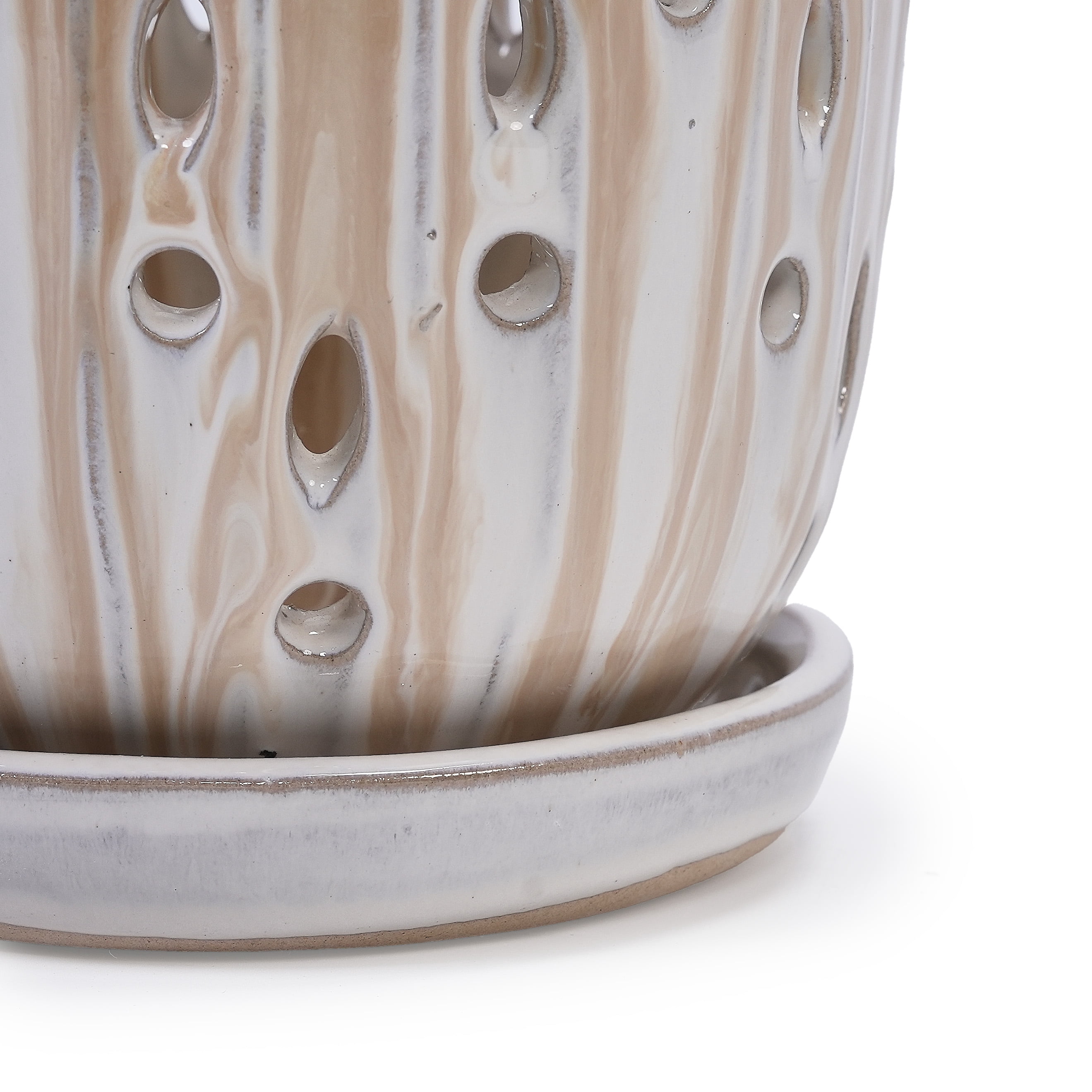 MAYEERTY 2 Pack Striped Ceramic Planter Pot with Drainage Hole, 8" Planter for Indoor Outdoor Patio, Garden, Brown