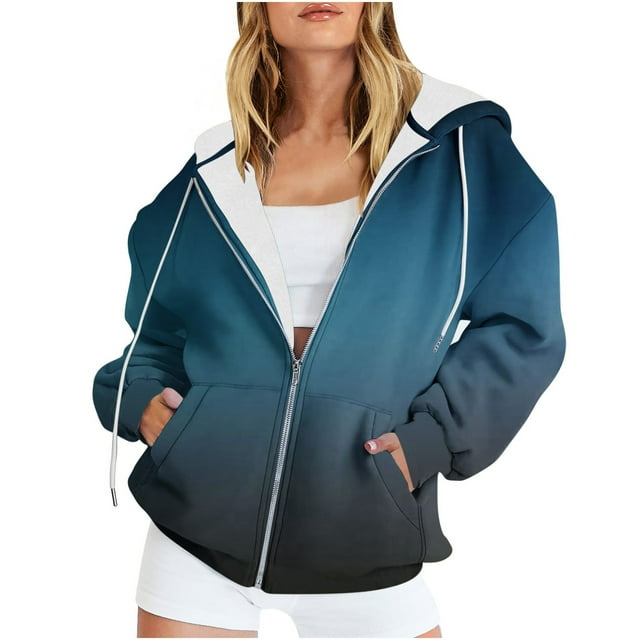 Timegard Cardigans for Women Zipper Hoodies Sweatshirts Top Gradient Color Casual Loose Pullover Pockets