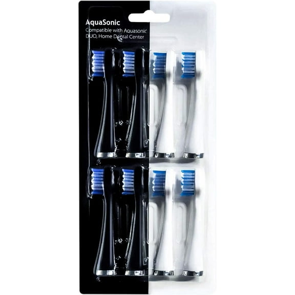 AquaSonic Duo Replacement Brush Heads (8-Pack) - 4 White & 4 Black Dupont Brush Heads