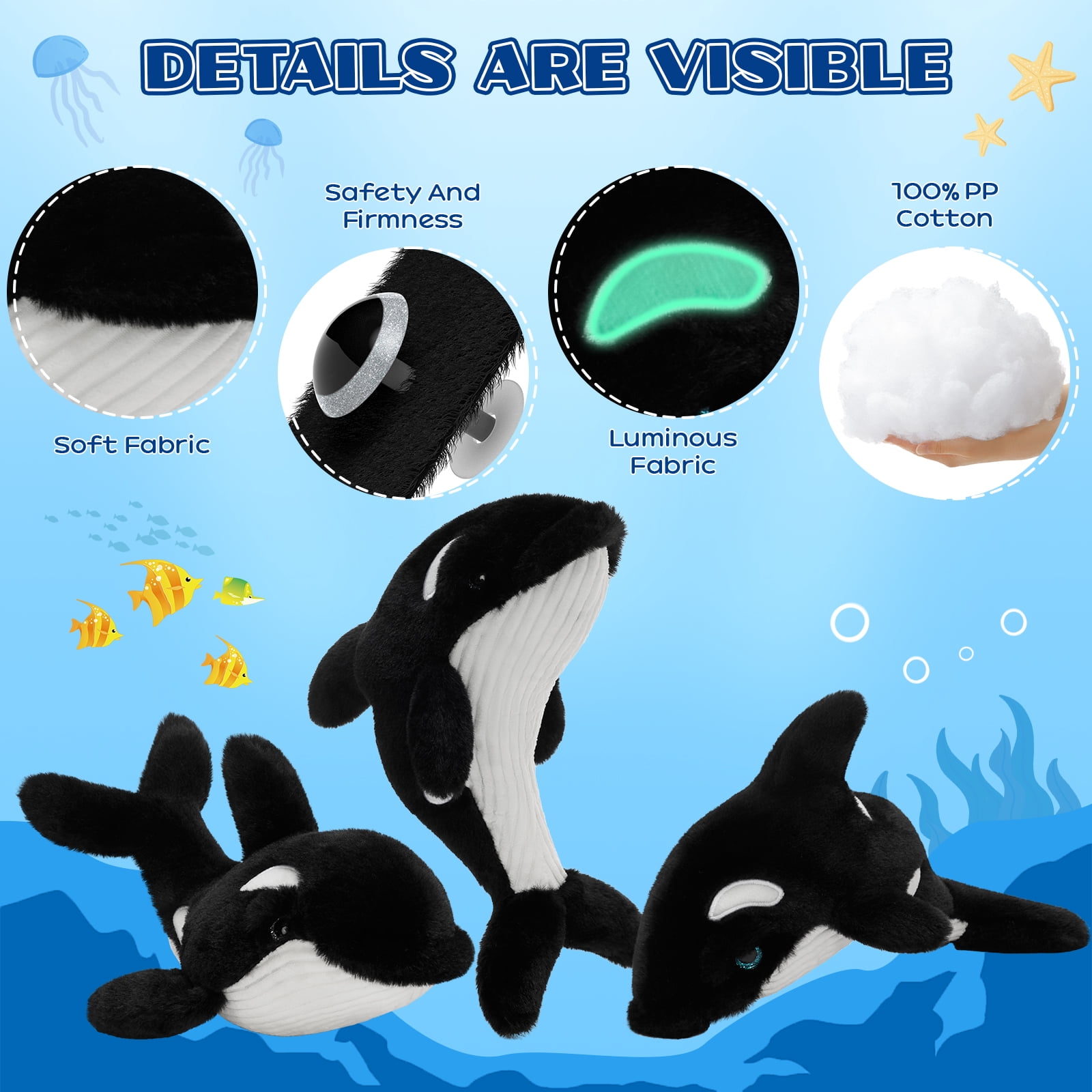 MorisMos Orca Stuffed Animal Bulk Glow in The Dark, 6 Pcs Killer Whale Plush Toy