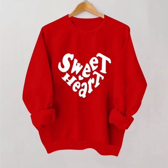 Women's Red Valentine's Day Sweatshirt with Unique Heart Pattern Soft Loungewear Vermilion L