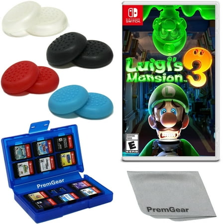 Luigi's Mansion 3 for Nintendo Switch (US Version), with PremGear Thumb Grips (8 pack - 2 Black, 2 Blue, 2 Red & 2 Clear), 24 Slot Game Card Holder & Cleaning Cloth
