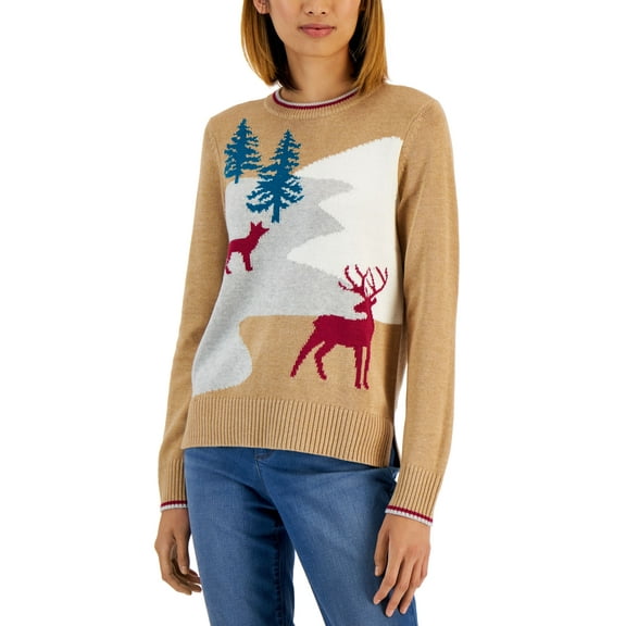 Women's Wildlife Knit Holiday Sweater Warm Camel Heather Combo S
