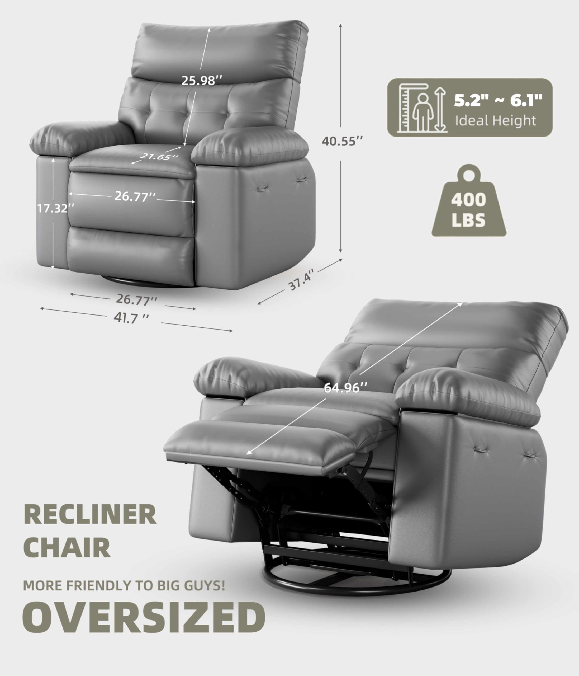 Oversized PU Leather Recliner Chair, Extra Wide Manual Recliner for Adults, Lazy Chair Single Sofa with 1.5X Sponge Comfort Arm, Thick Cushion and Back, for Living Room, Bedroom