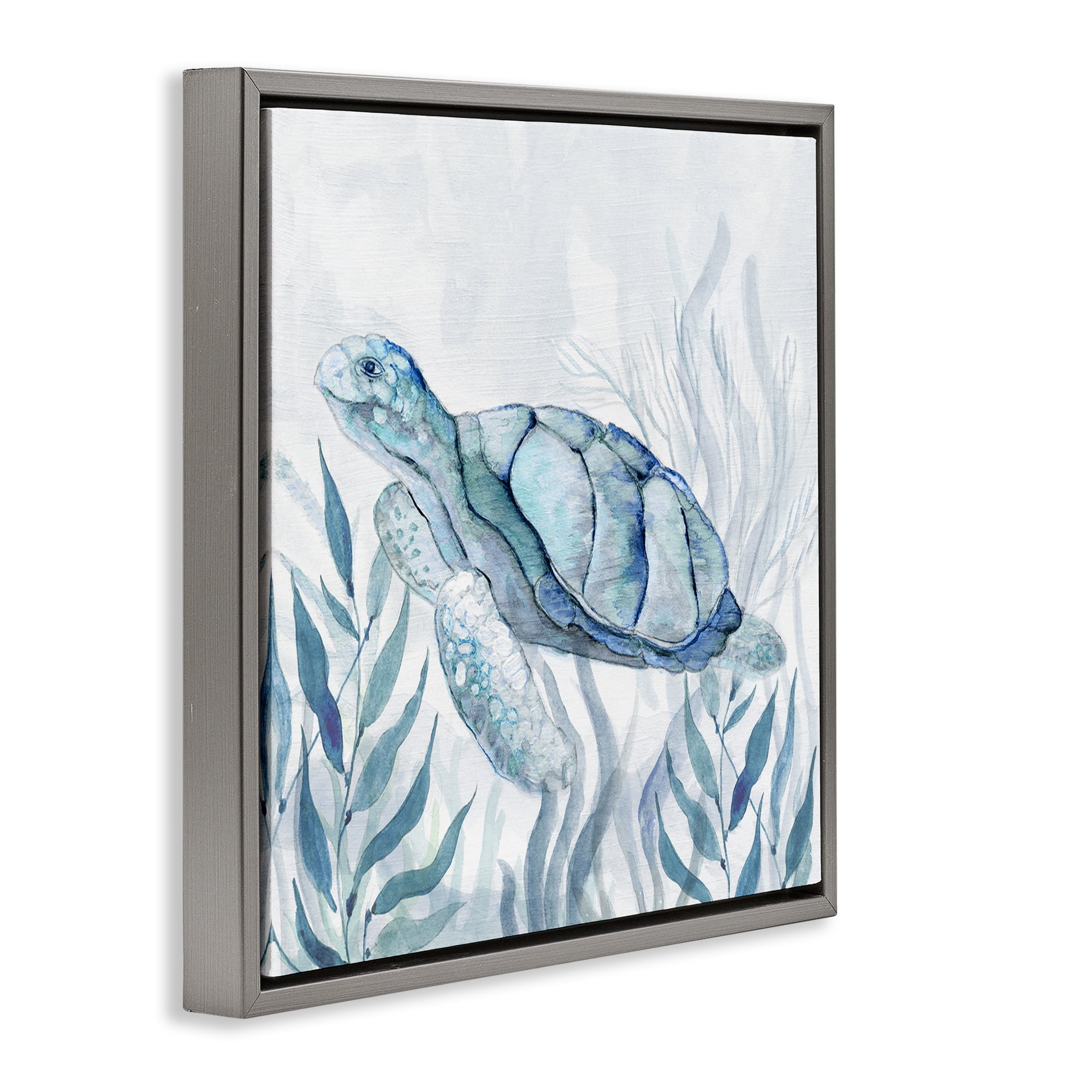 Stupell Industries Sea Turtle with Subtle Smile Gray Framed Floater Canvas Wall Art, design by Janet Tava