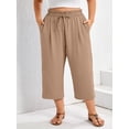 thumbnail image 6 of SHOWMALL Women's Plus Size Capris with Pockets, High Waisted Elastic Waist Cropped Pants, Light Khaki 3X Wrinkle-Resistant Wide Leg Culottes for Office & Vacation, 6 of 8