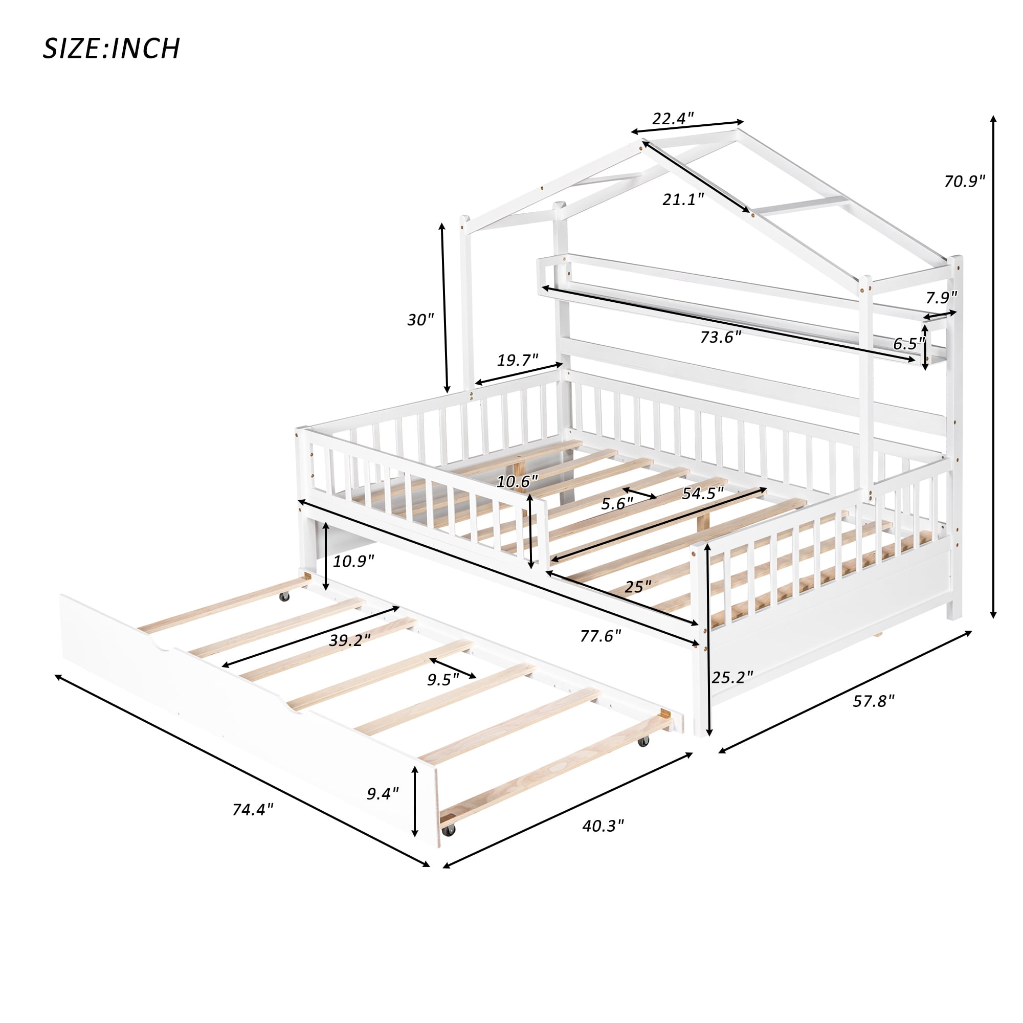 Euroco Wood Full Size House Bed with Trundle, Platform Bed with Bookshelf, White
