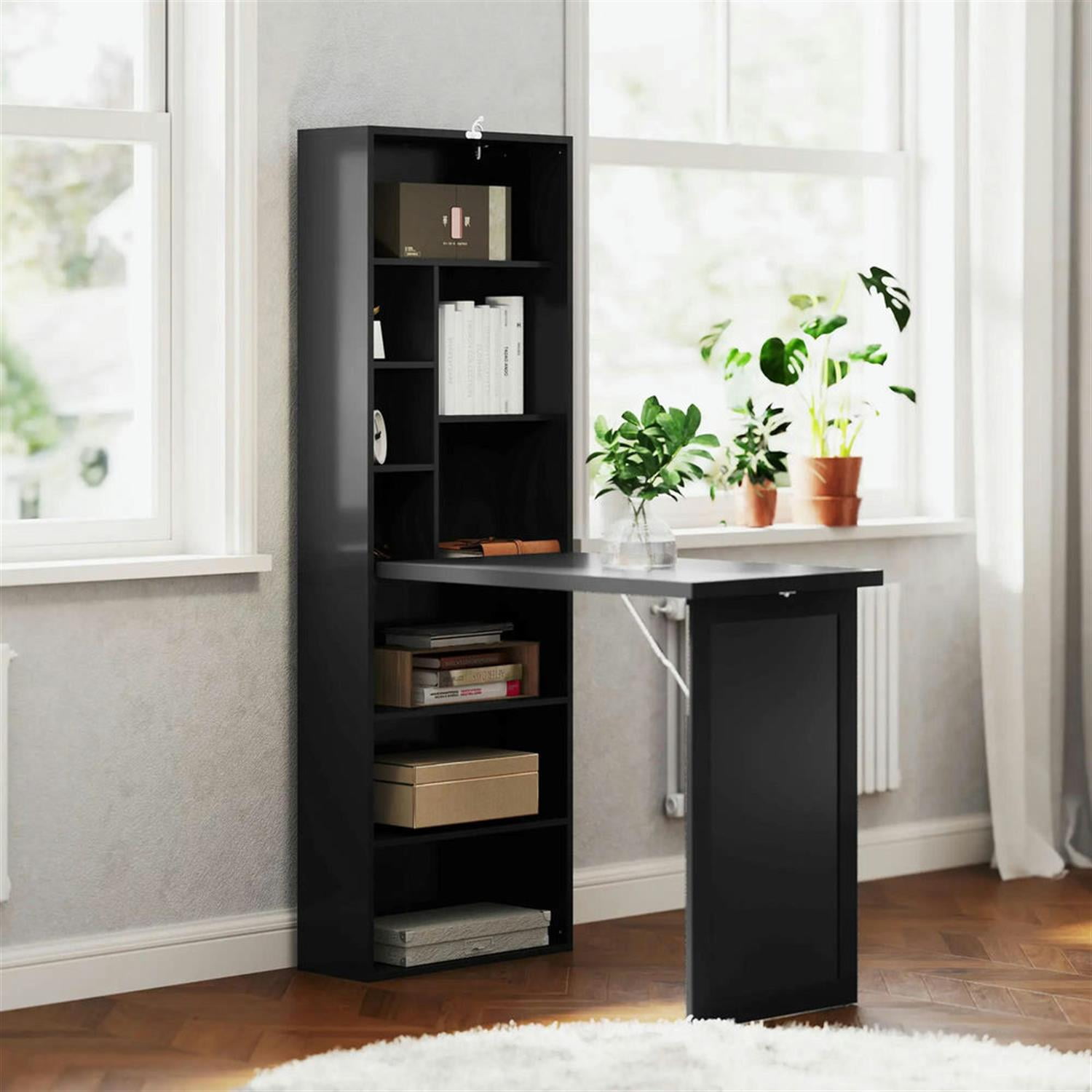 Demi Bonn Folding Computer Desk with Blackboard, Wall-Mounted Home Office, Desk with Side Shelf, Space-Saving, Black