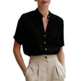 thumbnail image 2 of Linen Shirts for Women Short Sleeve Band Collar V Neck Button Up Summer Blouses Business Casual Office Work Shirts, 2 of 5