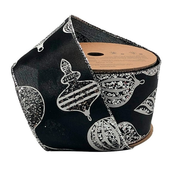 LaRibbons 2 1/2" Wired Ribbon | "Glitter Ornament" Black/Silver | 10 Yard Roll