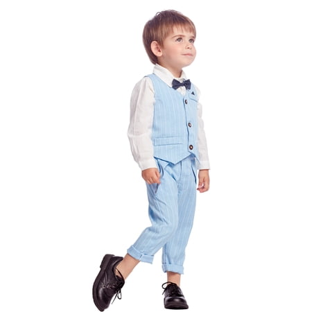 FYDUU Baby Boy Clothes Suit Toddler Boys Long Sleeve Dress Shirt Tops Striped Prints Vest Coat Pants Child Kids Gentleman Outfits 12-18 Months