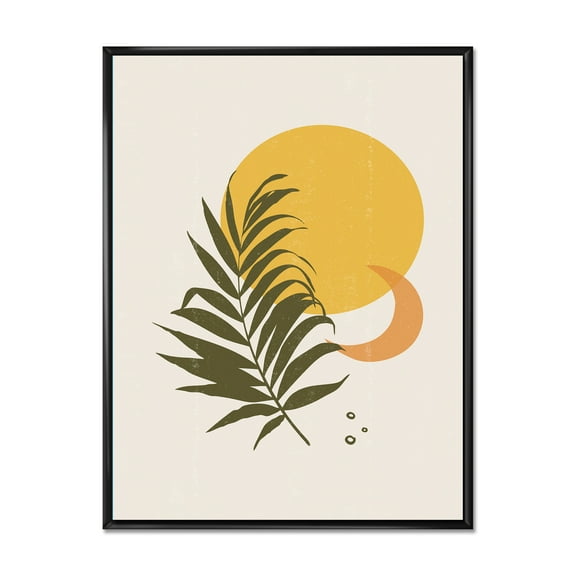Designart 'Abstract Moon and Yellow Sun With Tropical Leaf I' Modern Framed Canvas Wall Art Print