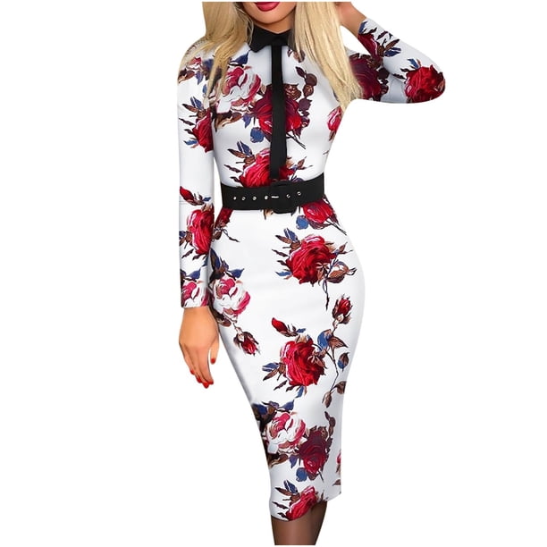 Vestido sexy de manga larga con solapa en las nalgas y cinturón estampado para mujer Fridja nalpqowj5236