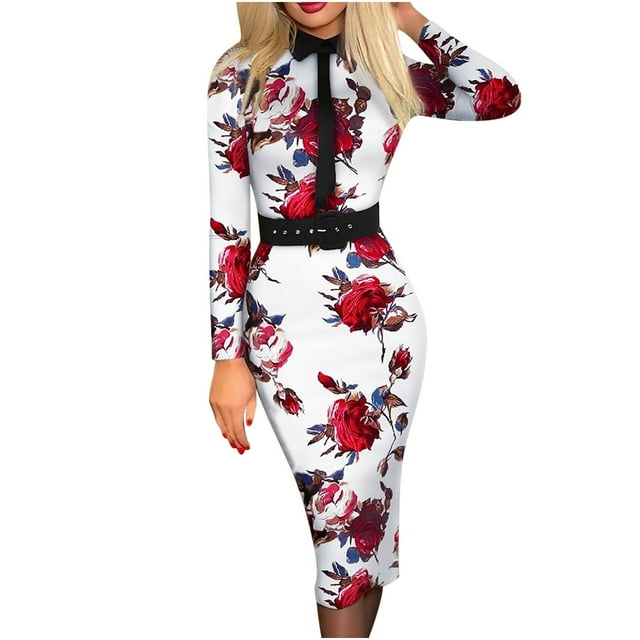 Pompotops Robe Sexy à Manches Longues avec Ceinture Imprimée et Dos Nu