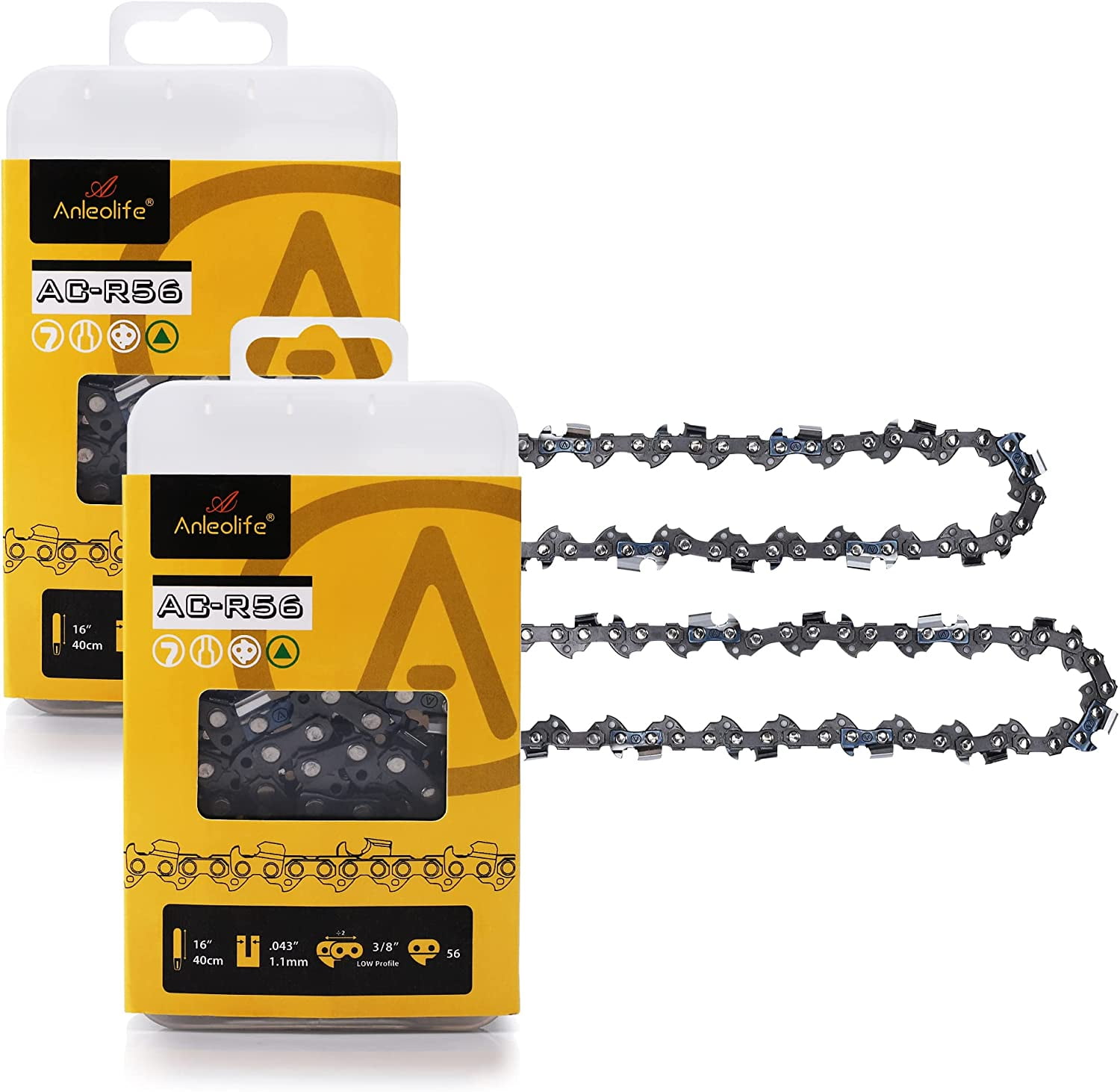 AC-R56 Semi Chisel Chainsaw Chain for 16 inch Bar .043' Gauge 3/8 inch Low Profile Pitch, 56 Drive Links Low Kickback Fits Oregon, Poulan, Makita, Greenworks,Craftsman 2-Pack