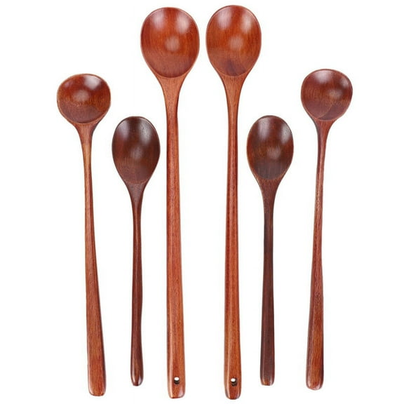 6 Pieces Wooden Spoons Kitchen Serving Long Handle Soup Cooking Tasting for Eating Mixing Stirring