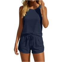 Caywon Airy Womens Coordinated Outfit Set Fashionable Solid Color Sleeveless Designs Casual LooseBlouse Top Paired with Above Knee Length Short Lightweight Fabric Navy S