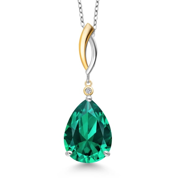 Gem Stone King 8.27 Cttw Green Nano Emerald and White Lab Grown Diamond Pendant Necklace for Women | 925 Silver and 10K Yellow Gold | Pear Shape 16X12MM | Fine Jewelry Gifts for Mom Wife Her