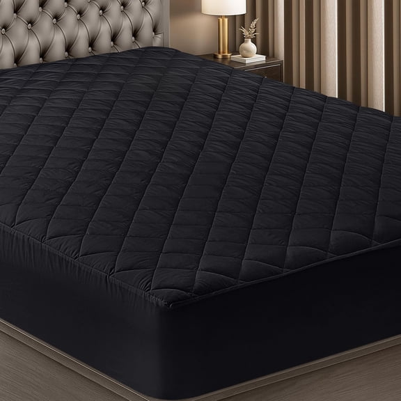 Quilted Fitted Mattress Pad, Queen Size, Elastic Fitted Mattress Topper Protector and Cover Stretches up to 16 Inches Deep, Machine Washable (Black)