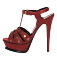 thumbnail image 2 of YDN Women Open Toe Studded T-Strap Sandals Platform Buckle Super High Heels Sexy Cocktail Party Show Shoes Size 7 Red, 2 of 5