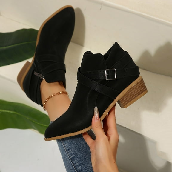 Roncen Women's Mid-Calf Boots with Chunky Block Heel - Edgy Pointed Toe Side Zipper Stylish Fall Winter Casual Boots, Versatile and Trendy Ankle Boots